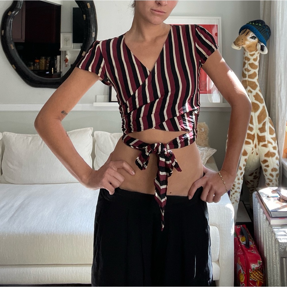 Flynn Skye Pin Stripe Crop Tie Blouse